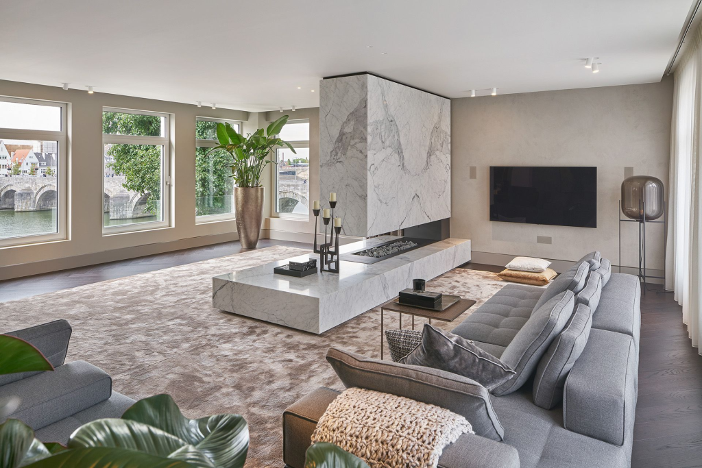 кварцевый агломерат в биофильном дизайне гостиной